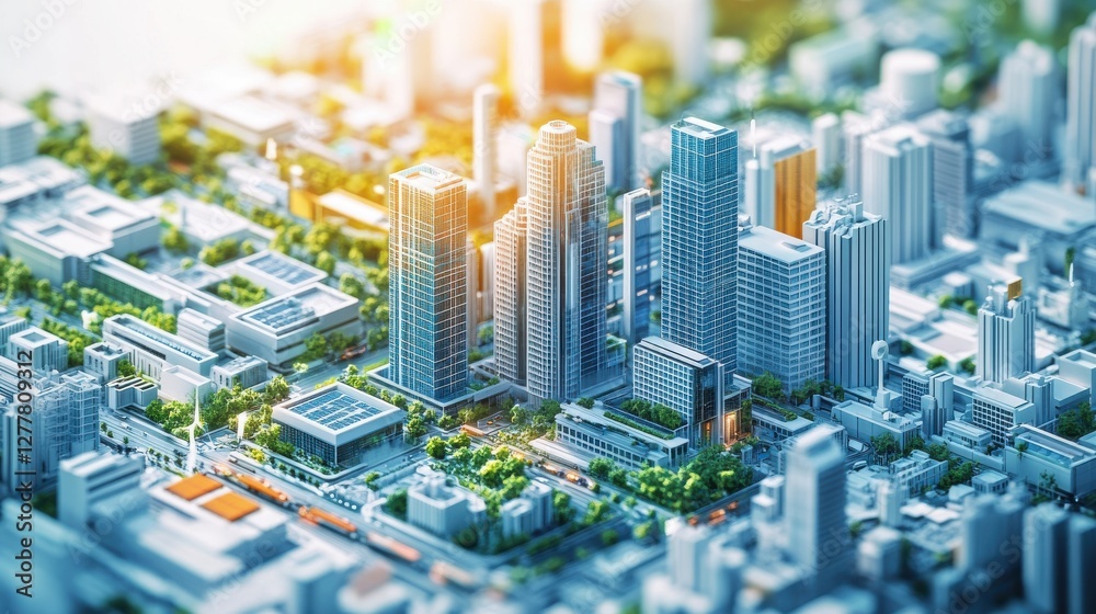 Fototapeta Aerial View of a Modern Urban Landscape with Skyscrapers and Green Spaces in a Vibrant City