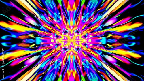Colorful abstract light explosion with vivid neon hues and symmetrical patterns on black background. Futuristic digital art and psychedelic design concept