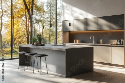 Bright modern kitchen with a view of sunlit trees and inviting decor