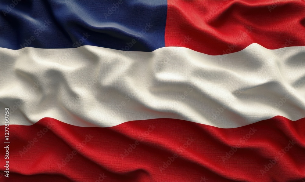 Close-up view of a textured flag with blue, white, and red stripes gently waving in the breeze
