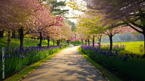 A serene spring landscape with cherry blossoms in full bloom along a peaceful river. The vibrant pink flowers contrast beautifully with the lush green grass.