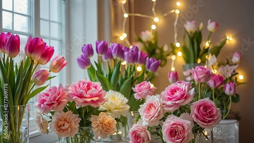 A romantic bouquet of pink roses and purple tulips with glowing fairy lights in the background. The soft lighting creates a warm and elegant atmosphere.