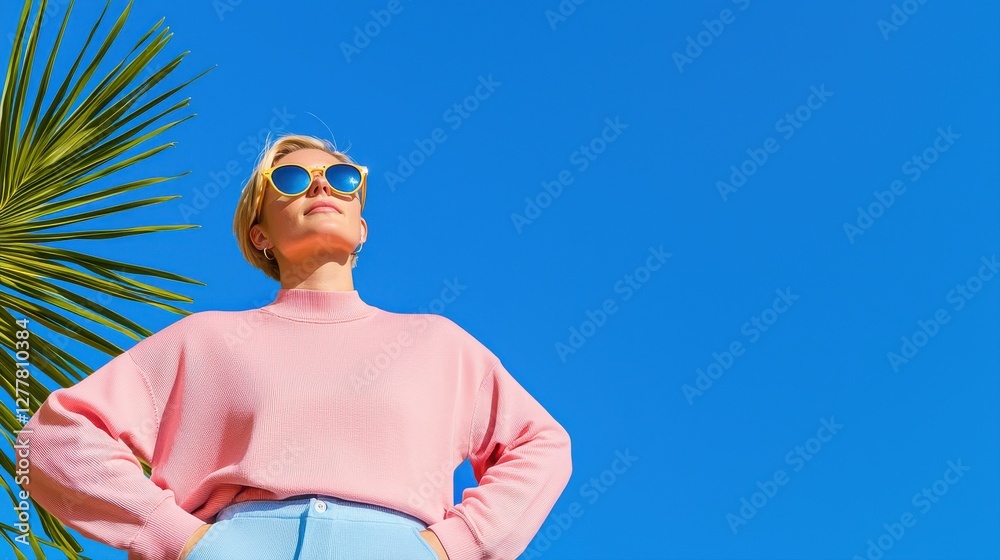 Fototapeta premium A woman in a pink sweater and sunglasses poses confidently against a bright blue sky, with a palm tree adding a tropical vibe.