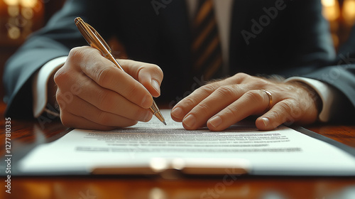 Wallpaper Mural Signing the Deal: A close-up of a person in a suit meticulously signing a document with a golden pen, signifying the finalization of an agreement.  Torontodigital.ca