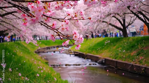 Sakura Blossom by the River A serene spring landscape featuring delicate pink cherry blossoms over a gently flowing river. The lush green banks and soft pastel colors create a peaceful and romantic 