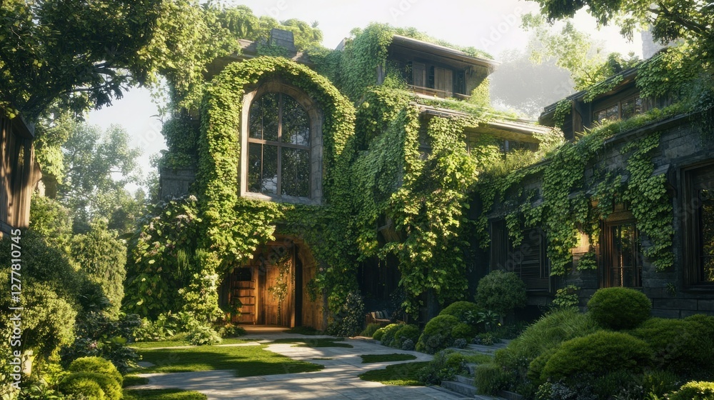 Obraz premium Enchanted ivy-covered house surrounded by lush greenery and vibrant garden in serene setting