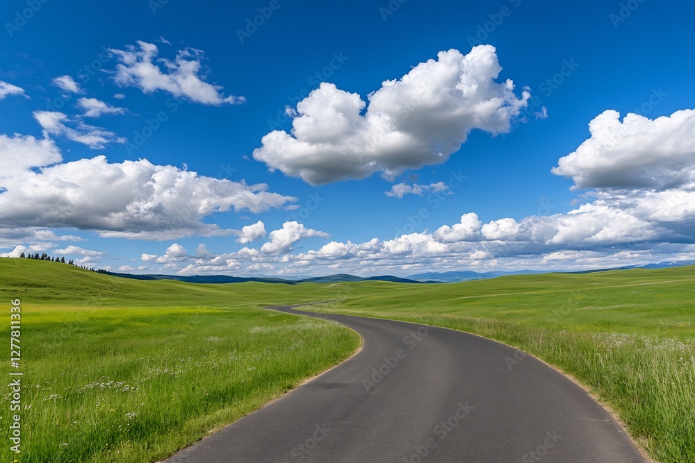 Winding asphalt road through green fields under a partly cloudy sky for travel Winding asphalt road through green fields under a partly cloudy sky for travel
