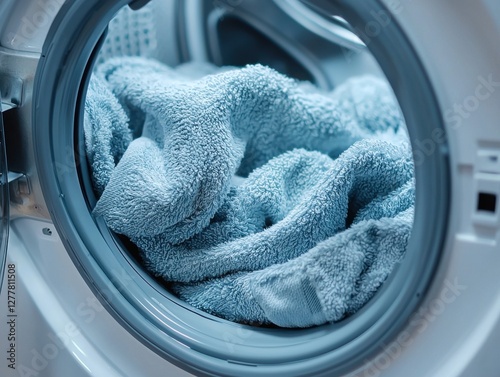 Soft Blue Towels Spinning in a Modern Washing Machine Drum