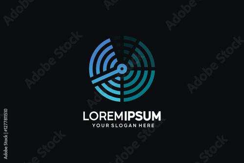 Abstract blue sensor logo design, detector technology logo with rotating waves