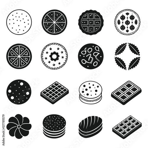 Icons set. Cookies Includes biscuits waffle baked chip cracker Editable stroke vector illustration Isolated on vector. 