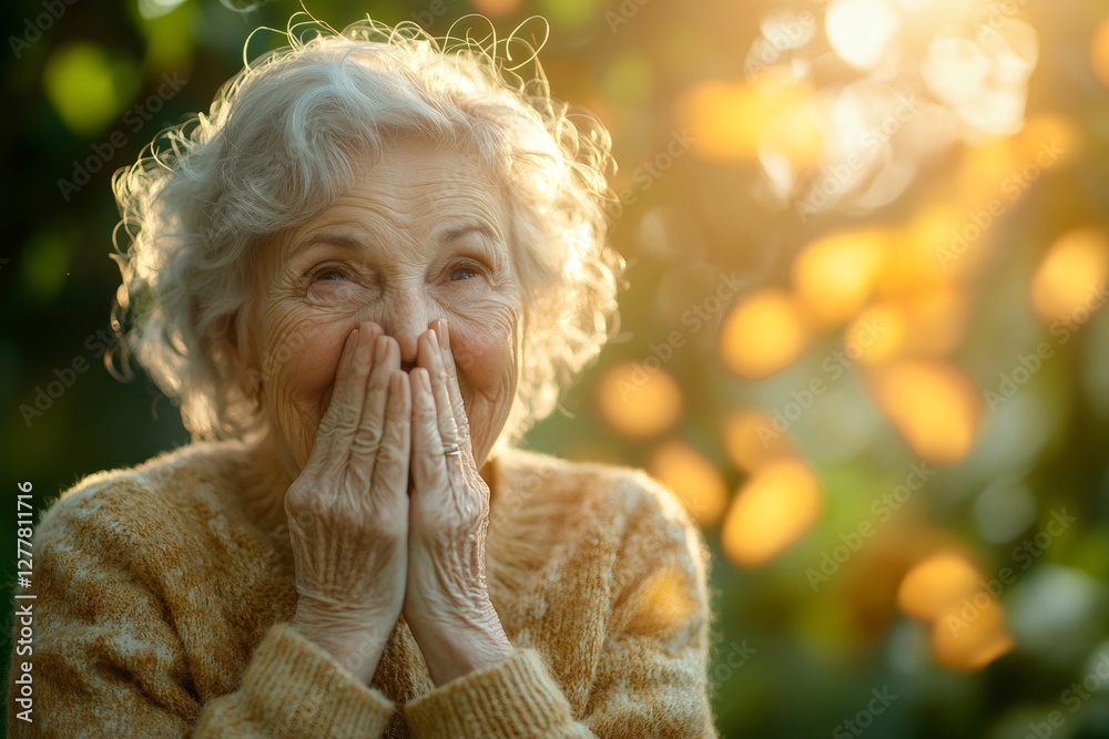 Elderly woman covering mouth with hands and laughing in autumn park Elderly woman covering mouth with hands and laughing in autumn park