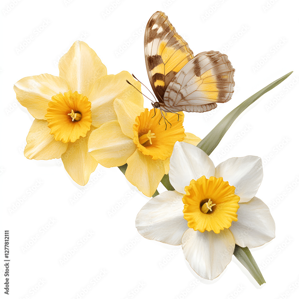 Fototapeta premium Delicate butterfly landing on vibrant daffodils, showcasing nature beauty
