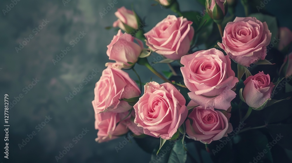 Romantic bouquet of pink roses on a dark backdrop with a soft vintage aura, evoking the timeless grace of an old painting Romantic bouquet of pink roses on a dark backdrop with a soft vintage aura, evoking the timeless grace of an old painting
