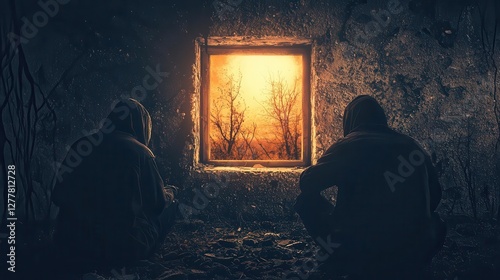 Five of Pentacles tarot card, two struggling figures outside a lit window, symbolizing financial hardship, loss, and perseverance, deeply emotional composition