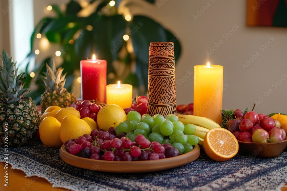 Lighted candles illuminating a cornucopia of fruits on a table setting Lighted candles illuminating a cornucopia of fruits on a table setting