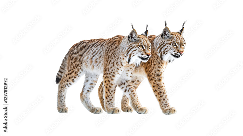Lynxes walking side by side in a natural habitat Lynxes walking side by side in a natural habitat