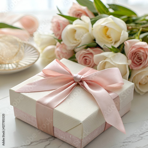 Pink roses and gift boxes with ribbons on white wooden table happy mother day and valentine day Generated by Ai.