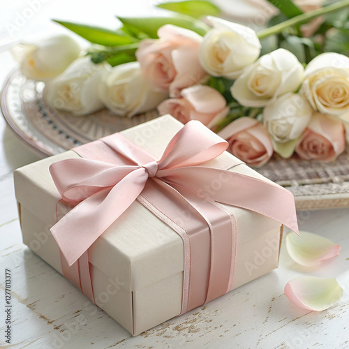 Pink roses and gift boxes with ribbons on white wooden table happy mother day and valentine day Generated by Ai.