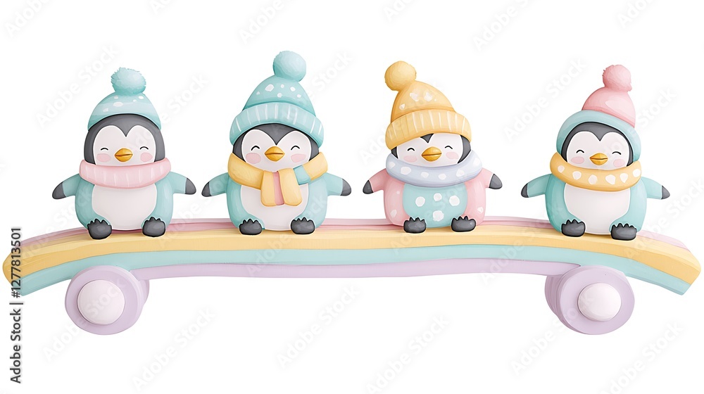 Naklejka premium Adorable Penguins on a Pastel Rainbow Seesaw 3D Rendered Winter Illustration.