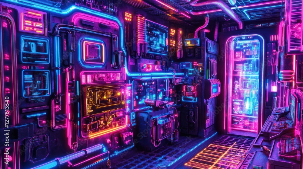 Futuristic neon-lit interior of a high-tech control room with glowing screens and machinery Futuristic neon-lit interior of a high-tech control room with glowing screens and machinery