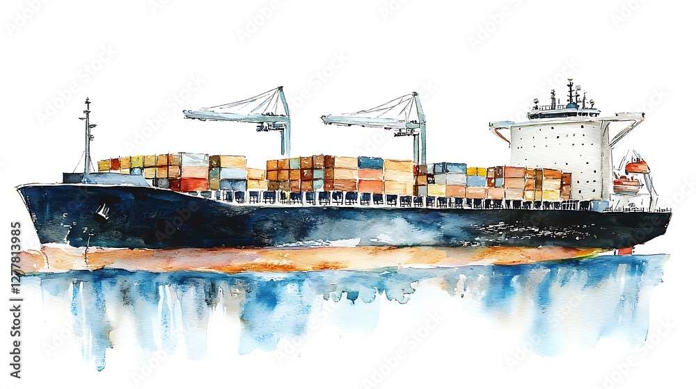 Obraz premium Watercolor Painting of a Container Ship at Sea.