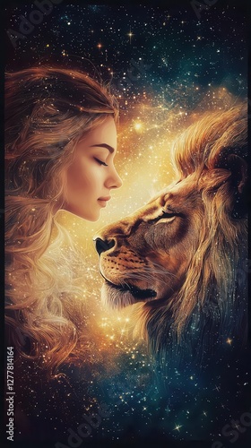 The Strength tarot card, a radiant celestial queen calming a glowing lion made of pure starlight, symbolizing inner strength and compassion