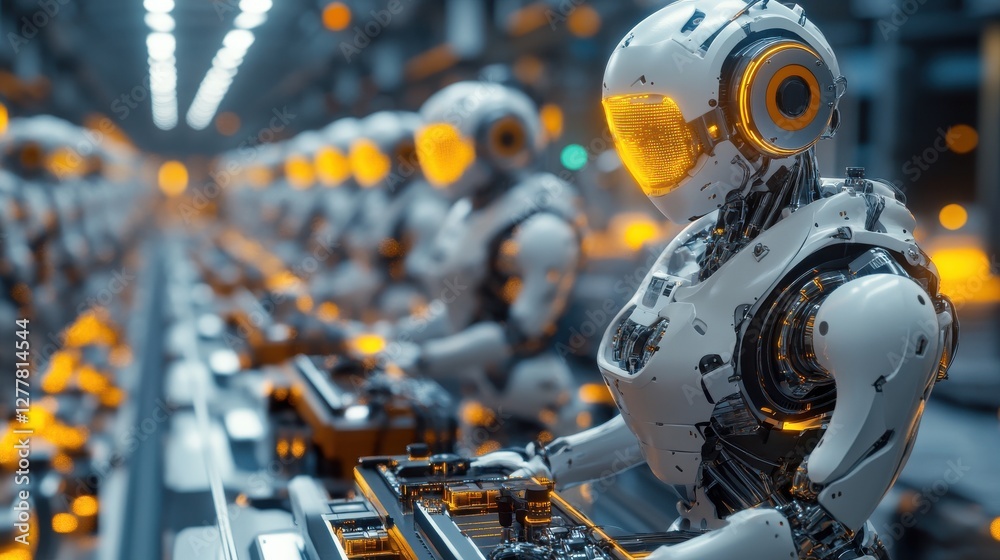 Fototapeta premium Futuristic Robots Working in a High-Tech City Environment with Neon Lights and Advanced Technology