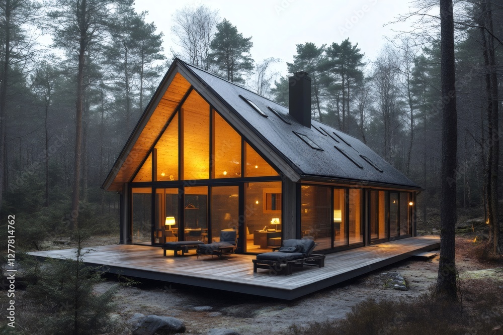 Modern cabin with large windows illuminating the forest at dusk Modern cabin with large windows illuminating the forest at dusk