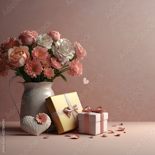 Valentine's day and mother's day concept, red gift box with bow and roses on light wooden background Generated by Ai.