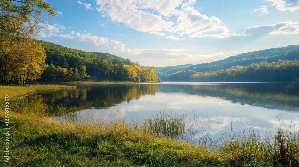 Fototapeta premium A calm, peaceful landscape with a lake and mountains.