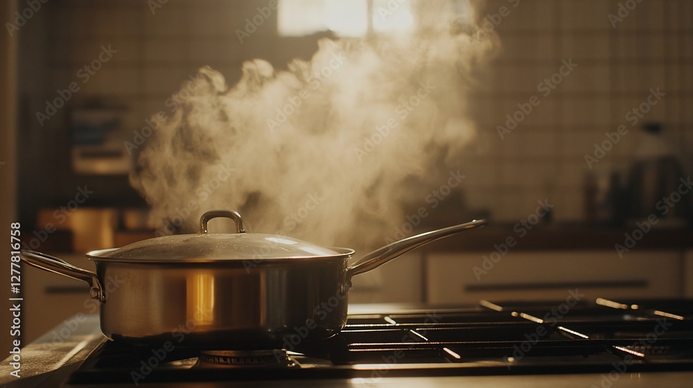 Steaming pot on stovetop in warm kitchen. Steaming pot on stovetop in warm kitchen.