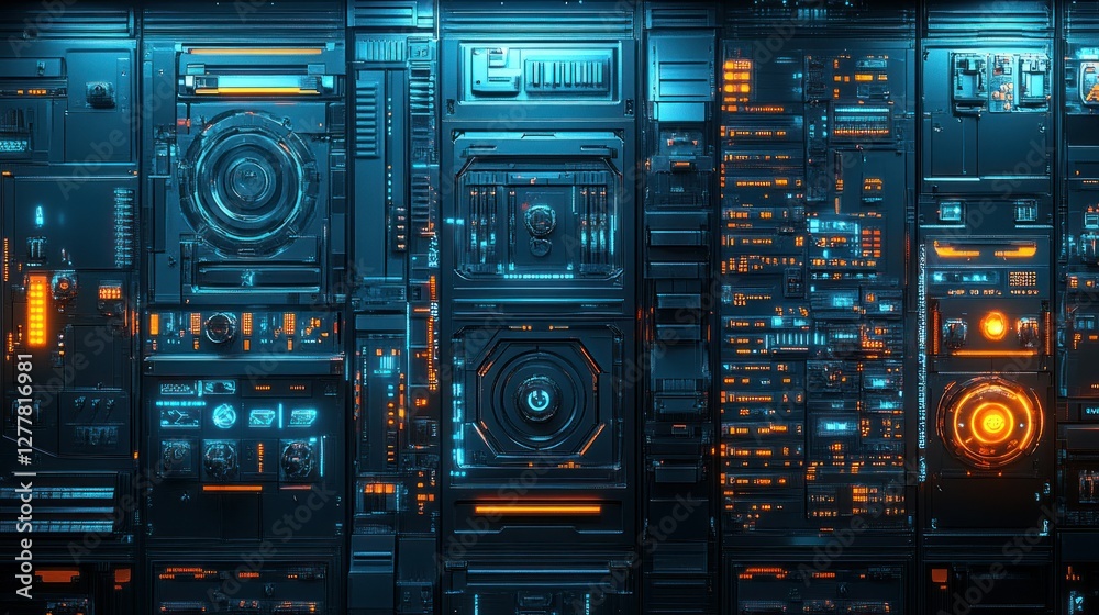 Fototapeta premium Futuristic control panel with glowing blue and orange lights, showcasing advanced technology in a sci-fi setting