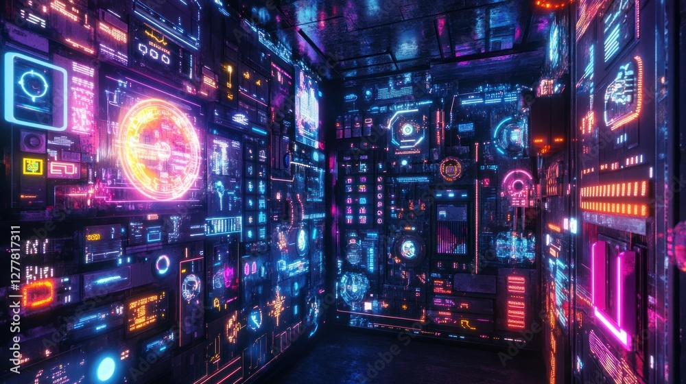 Futuristic control room with vibrant neon lights and digital screens showcasing technology Futuristic control room with vibrant neon lights and digital screens showcasing technology