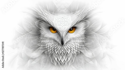 A striking, artistic depiction of a white owl with piercing yellow eyes, emphasizing its detailed feathers against a soft, light background.