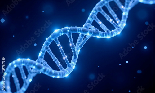 DNA strands with glowing particles on a dark blue cyberpunk-inspired background