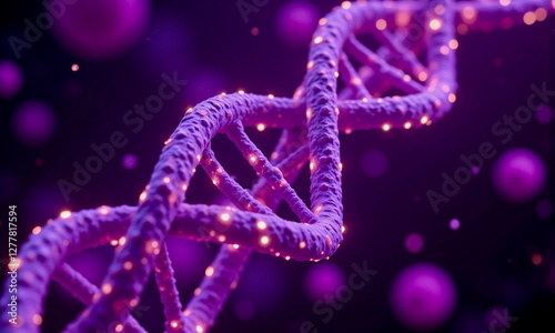 DNA strands with purple and gold glowing particles on a mystical dark background