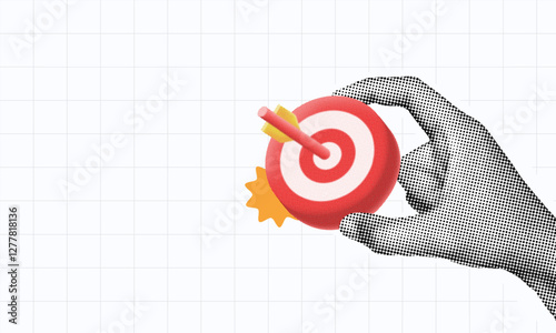 halftone collage, Precision and success concept with a hand holding a bullseye target hit by arrows. goal setting, business strategy, marketing success, and achievement