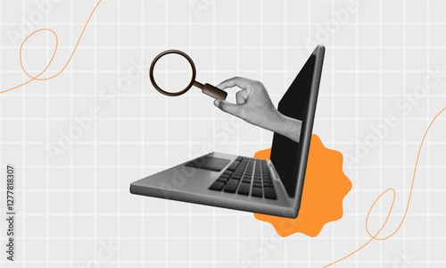 halftone collage, Digital search concept with a hand holding a magnifying glass emerging from a laptop. for SEO, online research, cybersecurity, and data analysis visuals
