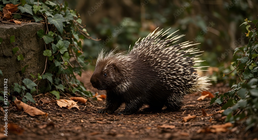 Porcupine Walking on Forest Floor with Leaves and Green Ivy Porcupine Walking on Forest Floor with Leaves and Green Ivy