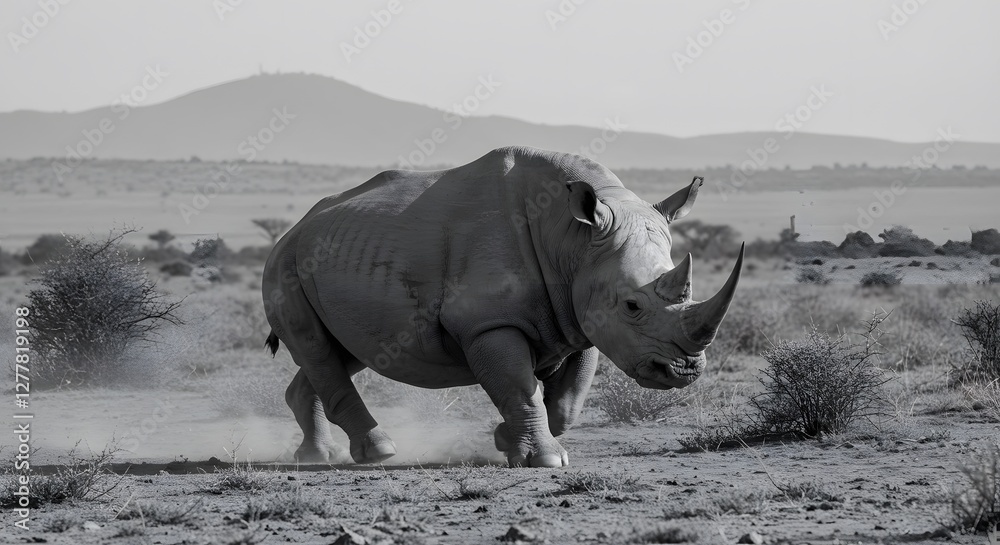 Fototapeta premium Powerful Rhino Charging Across the African Plains in Black and White