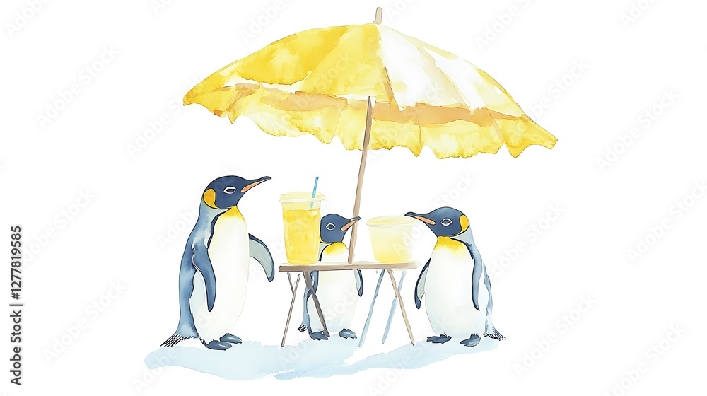 Obraz premium Three Penguins Enjoying Refreshments Under a Yellow Beach Umbrella.