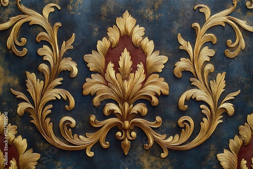 Ornate golden floral wallpaper design on a deep blue background, adding elegance to interiors