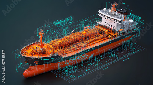 3D model of an oil tanker with superimposed blueprints, showcasing technological design and maritime industry innovation.