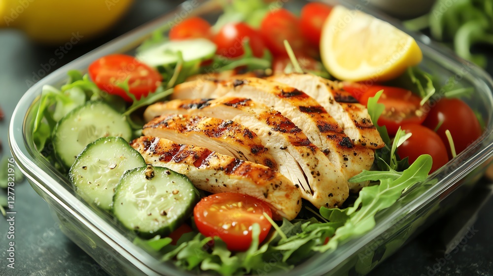 A vibrant meal prep container with grilled chicken, fresh greens, and colorful veggies. Perfect for clean eating, fitness, and healthy lifestyle inspiration.