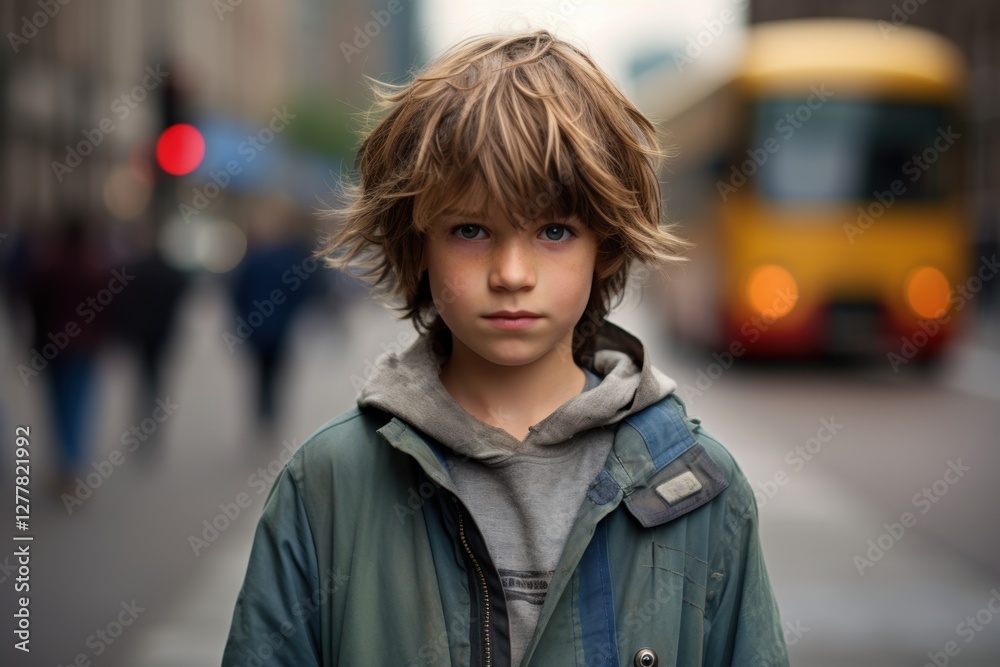 Fototapeta premium A young boy with a hoodie on stands in front of a yellow bus