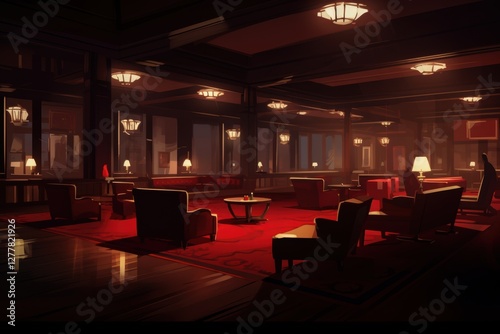 A large room with a red carpet and many chairs