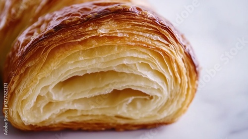Golden-brown pastry, flaky layers, marble background, close-up, food photography
