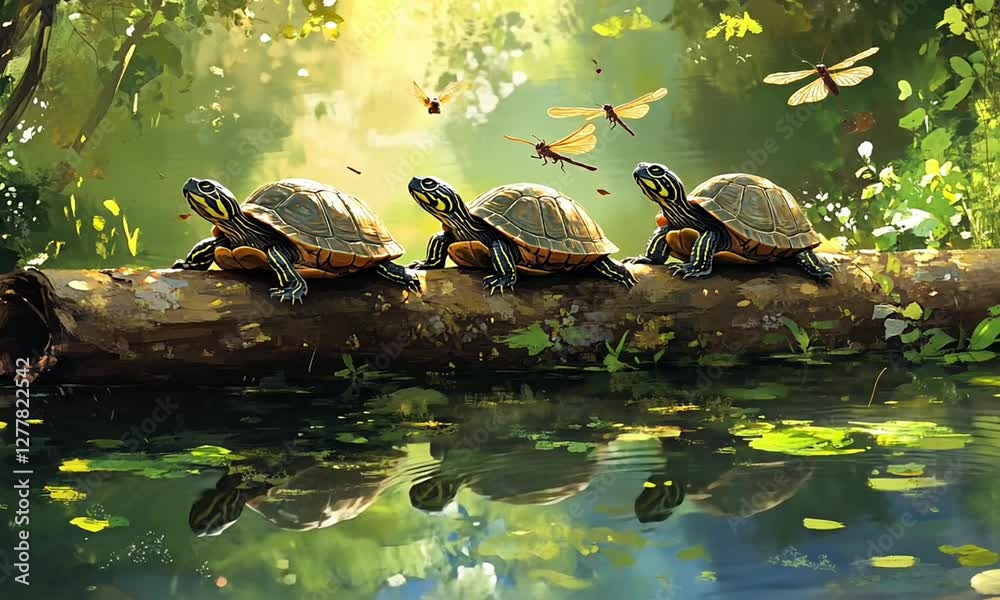 Three turtles basking on a log in a serene pond surrounded by lush greenery and dragonflies