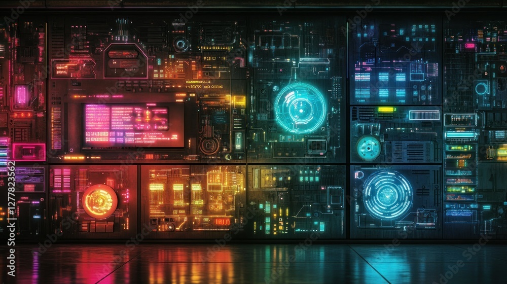 Obraz premium Futuristic digital interface showcasing vibrant circuits and glowing elements in a tech environment