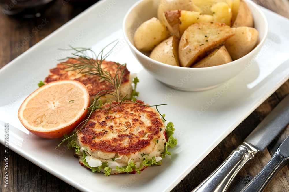 Crab cakes with a side of potatoes Crab cakes with a side of potatoes